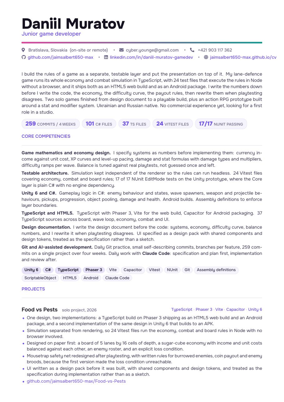 Daniil Muratov CV, page 1: profile, core competencies, Food vs Pests.