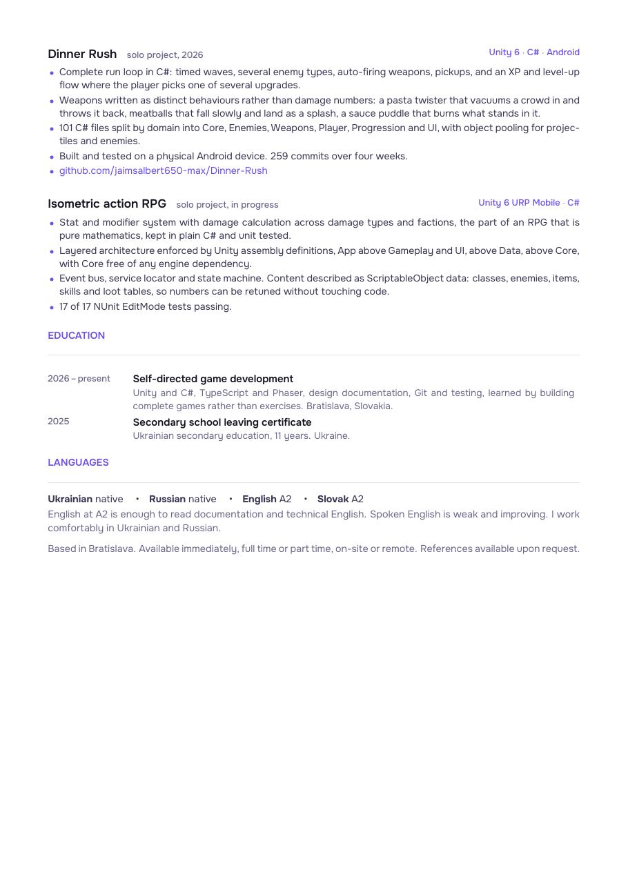 Daniil Muratov CV, page 2: Dinner Rush, action RPG prototype, education, languages.